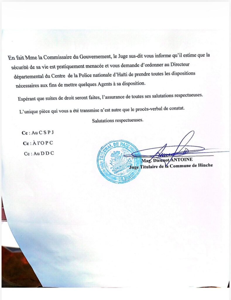 Deuxième page de la correspondance du juge Dieunot Antoine demandant une protection policière