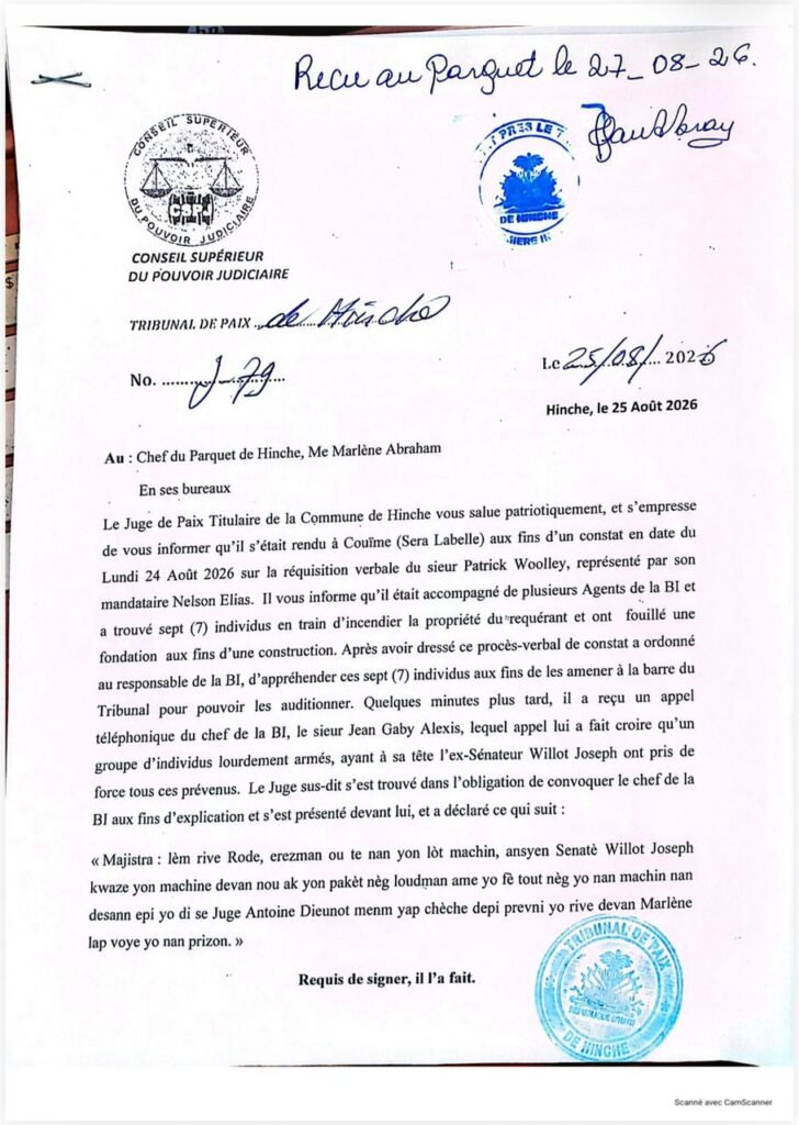 Première page de la correspondance du juge Dieunot Antoine au Parquet de Hinche